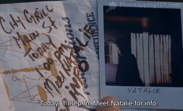 "Today.  1:00PM.  Meet Natalie for info," Leonard reads the note written on the napkin.