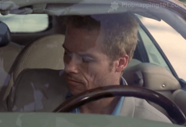 Leonard checking the polaroid of Teddy.