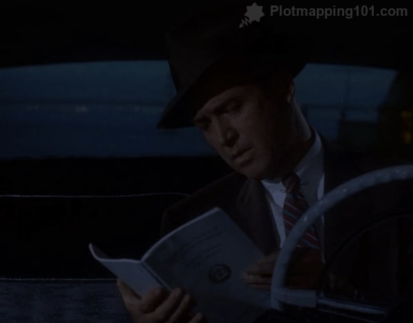 Scottie looking down at the catalog of the picture of Carlotta.