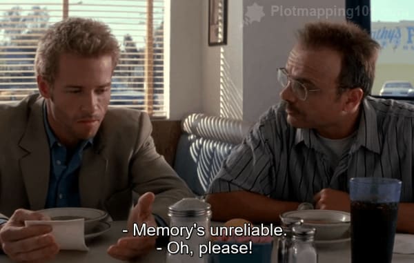 "Memory's unreliable," Leonard says.  "Oh, please!" Teddy exclaims.