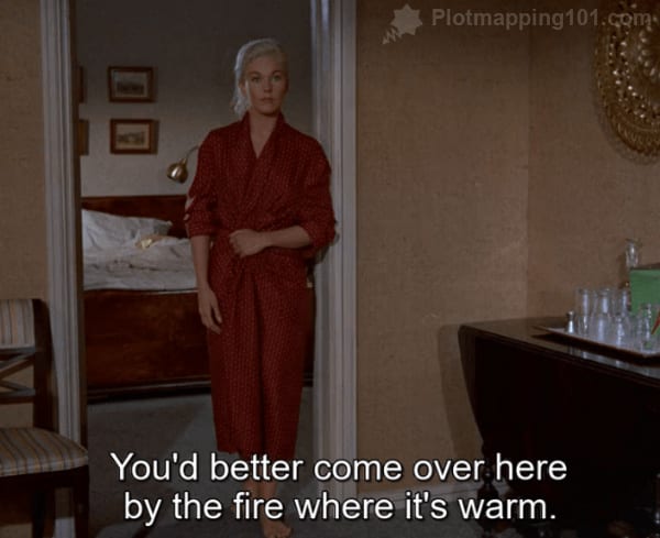 "You'd better come over here by the fire where it's warm," Scottie tells Madeleine.