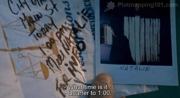 "What time is it?"  "Quarter to 1:00," Burt replies.