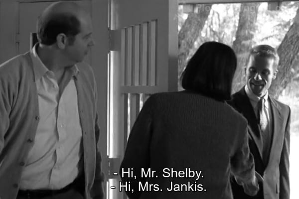 "Hi, Mr. Shelby," the woman says.  "Hi, Mrs. Jankis," Leonard replies.