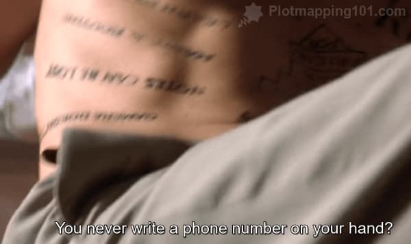 "You never write a phone number on your hand?" Leonard continues, getting out of the bed.