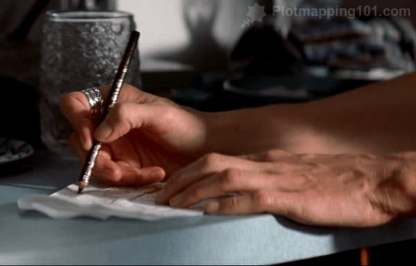 Natalie writes down her instructions to Leonard.