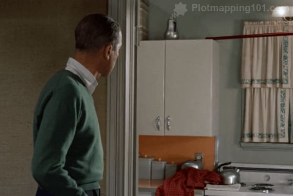 Scottie sees that Madeleine left his robe behind on the kitchen counter.