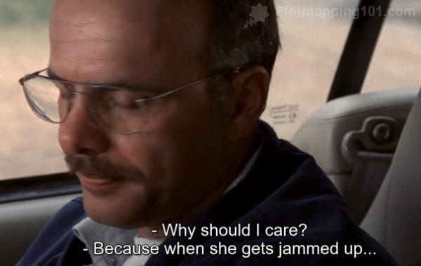 "Why should I care?" Leonard says.  "Becauswe when she gets jammed up..."