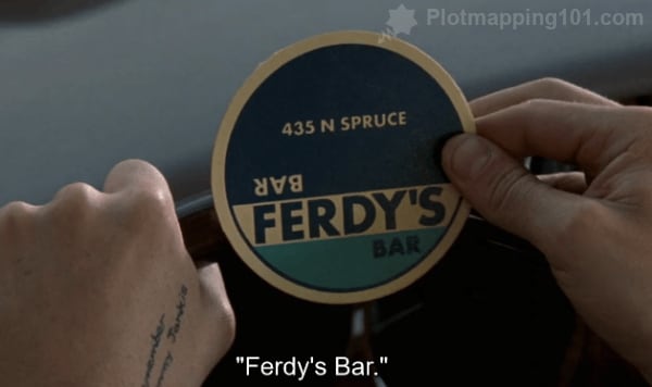 Ferdy's Bar, reads the coaster in Leonard's hand.