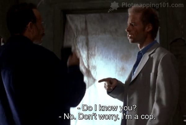 "Do I know you?" Leonard asks.  "No.  Don't worry.  I'm a cop," Teddy answers.