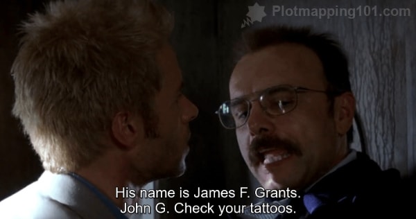 "His name is James F. Grants.  John G.  Check your tattoos," Teddy tells him.