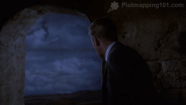 Scottie stares out of the tower as Judy leaps to her death.