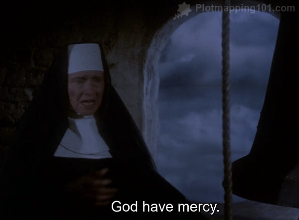 Scottie stares out of the tower as Judy leaps to her death.