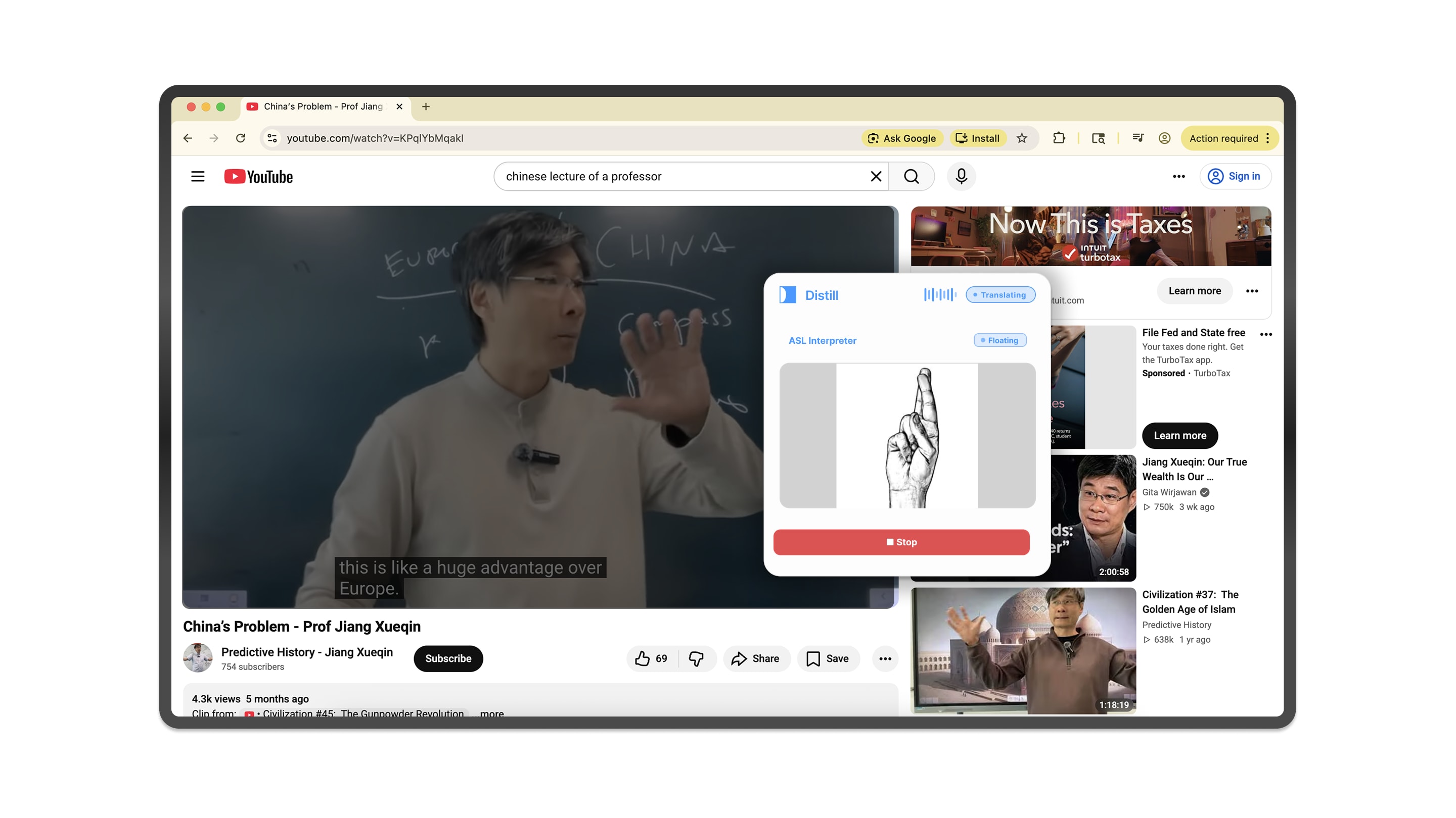 Distill on YouTube , ASL cards active
