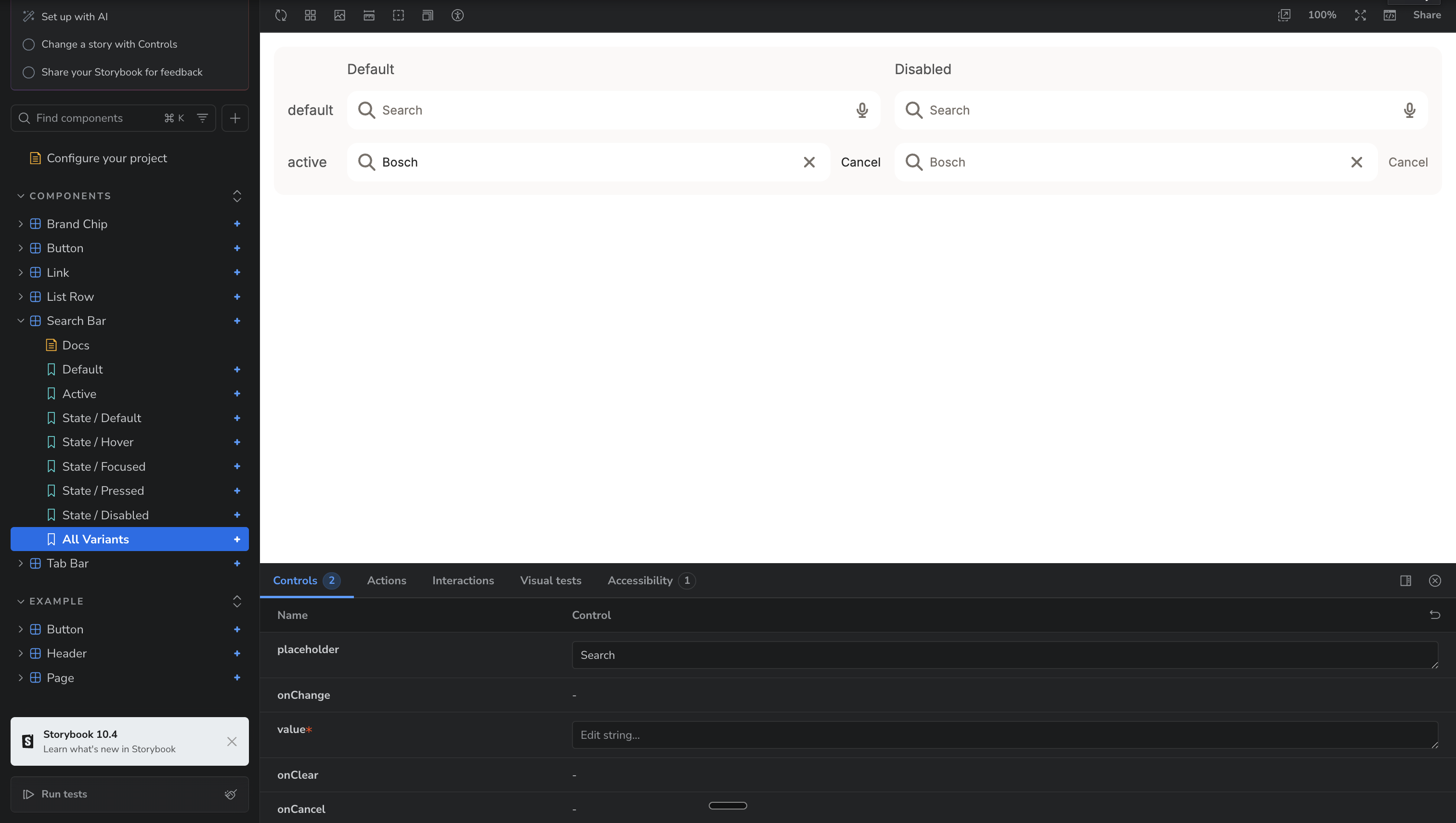 Component library running in Storybook