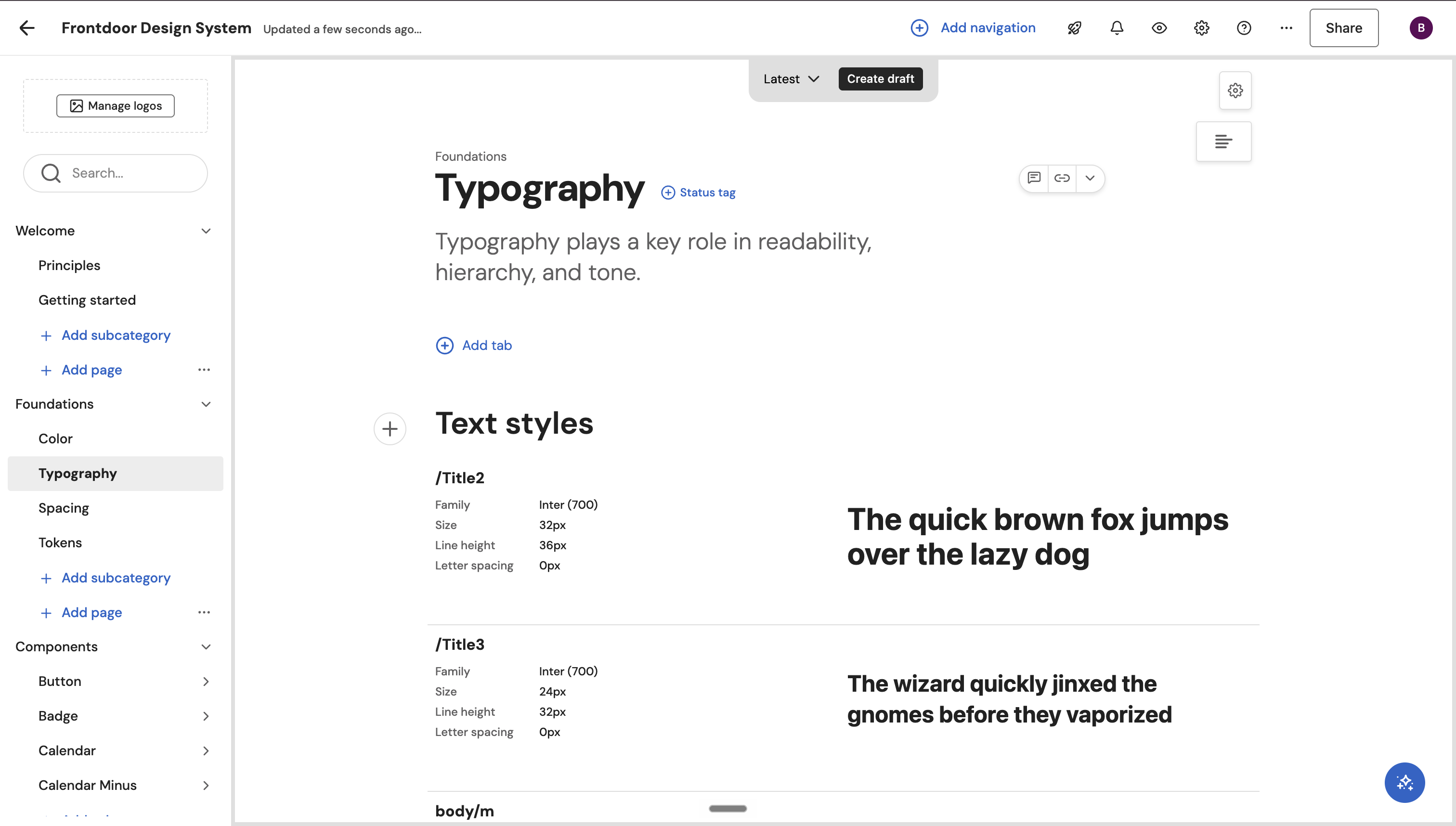 Frontdoor Design System documentation in Zeroheight