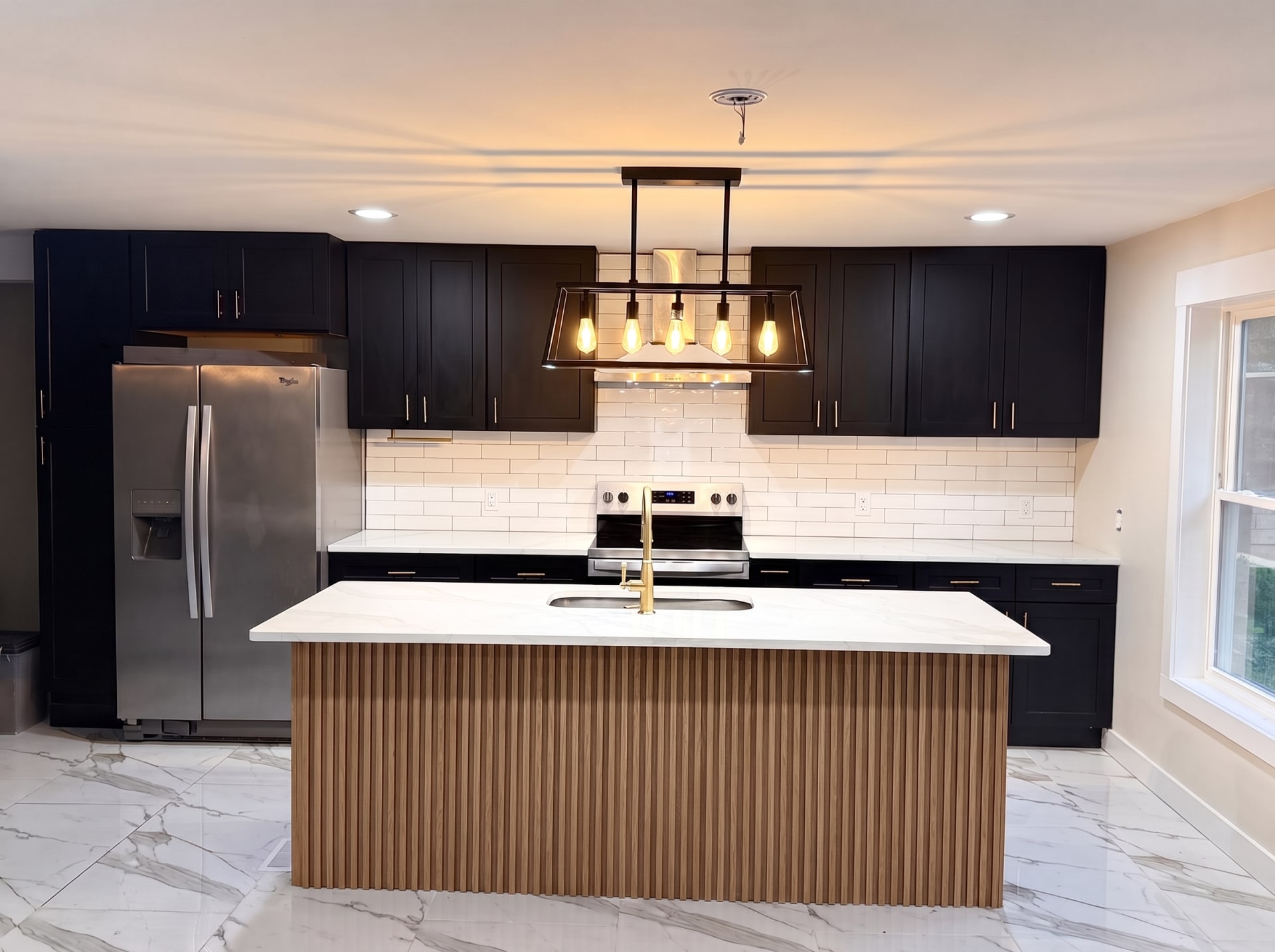 Finished kitchen remodel with a black fluted wood island, AZ Home Remodeling, Haddonfield NJ