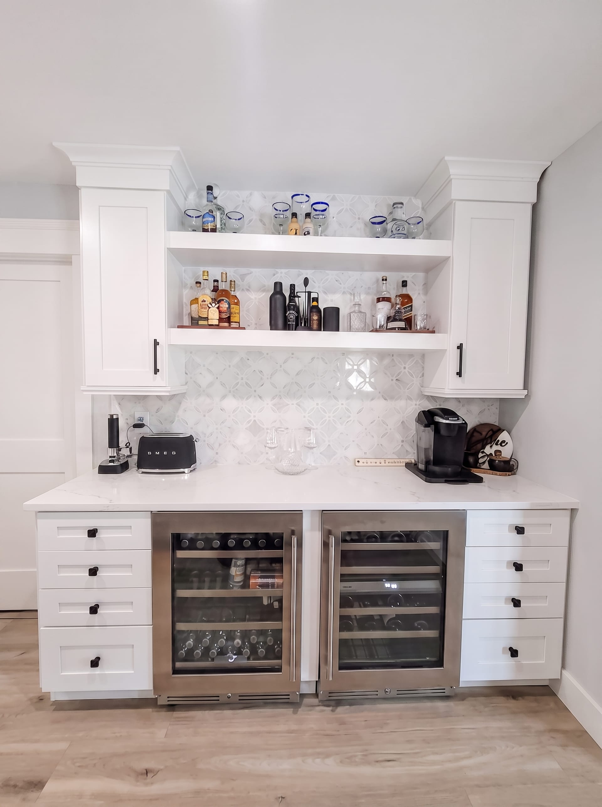 Custom wet bar with marble mosaic tile and built-in shelving, AZ Home Remodeling