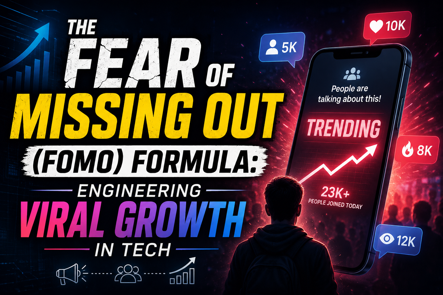 Abstract digital illustration representing the FOMO formula in technology, showing network connections and growth charts.