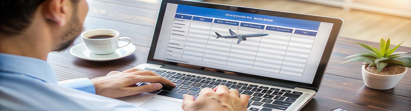 Man changing Aer Lingus flight online using laptop with coffee cup on desk and airplane schedule on screen