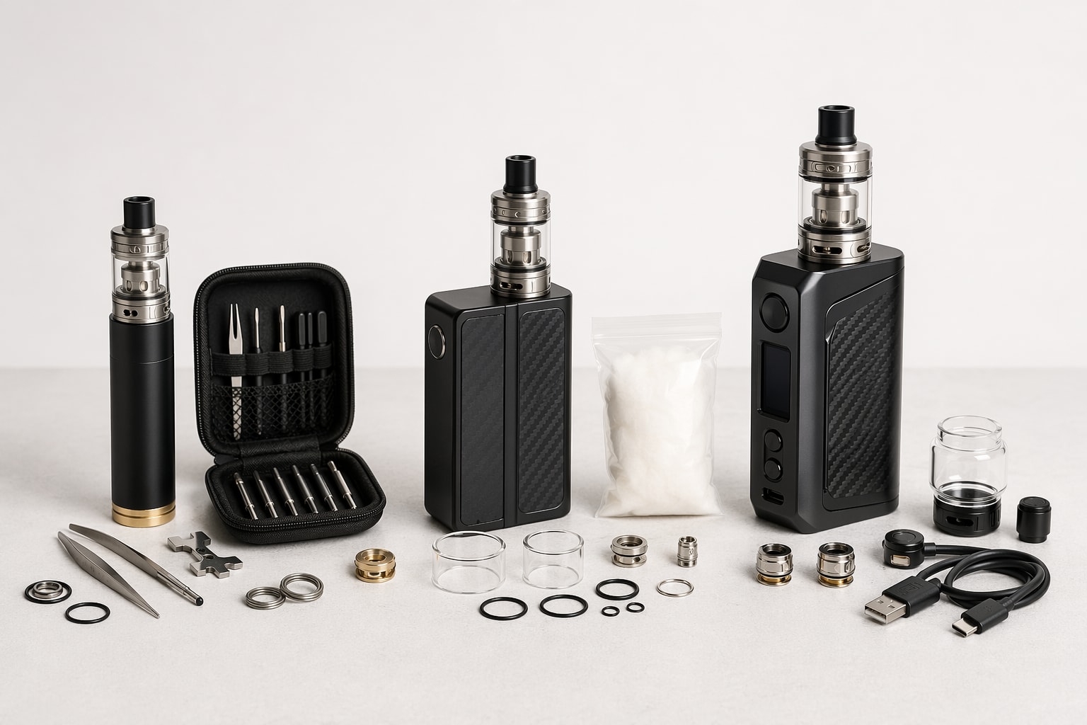 Three vape setups with tools, cotton and accessories