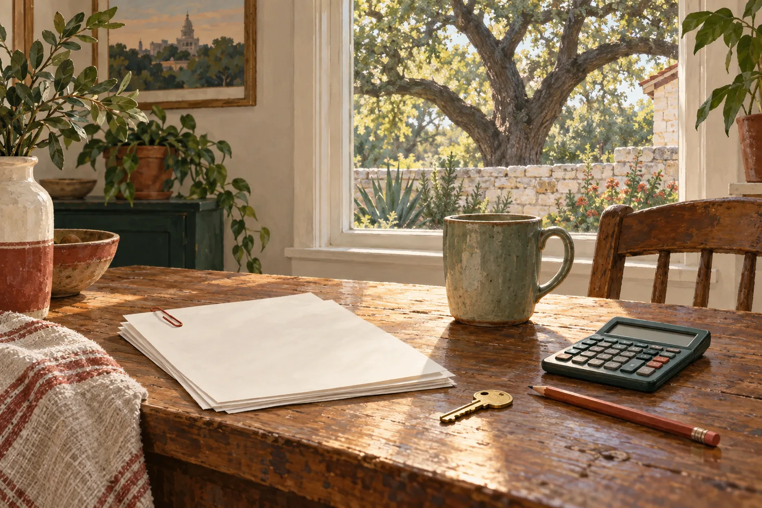 A worn wooden kitchen table in morning light with blank papers, a brass house key, a calculator, a pencil and a mug, and a live oak and limestone wall seen through the window.