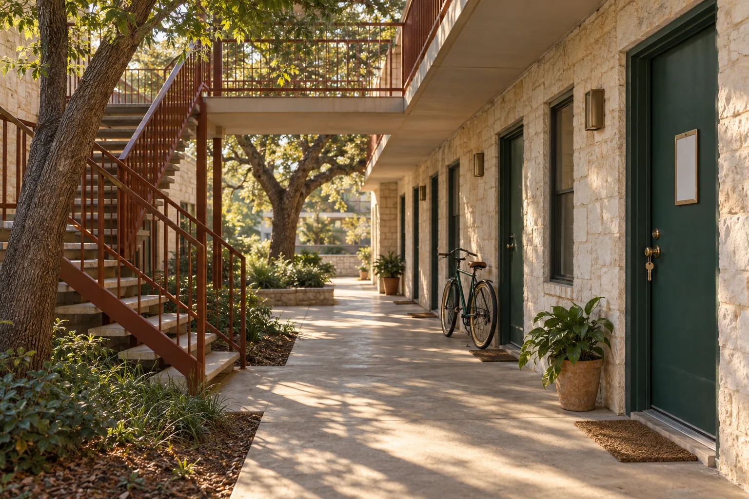 A sunlit breezeway of a low-rise limestone apartment building with rust-colored stair railings, a live oak in the courtyard, a bicycle leaning by a green door and a brass key in the lock.