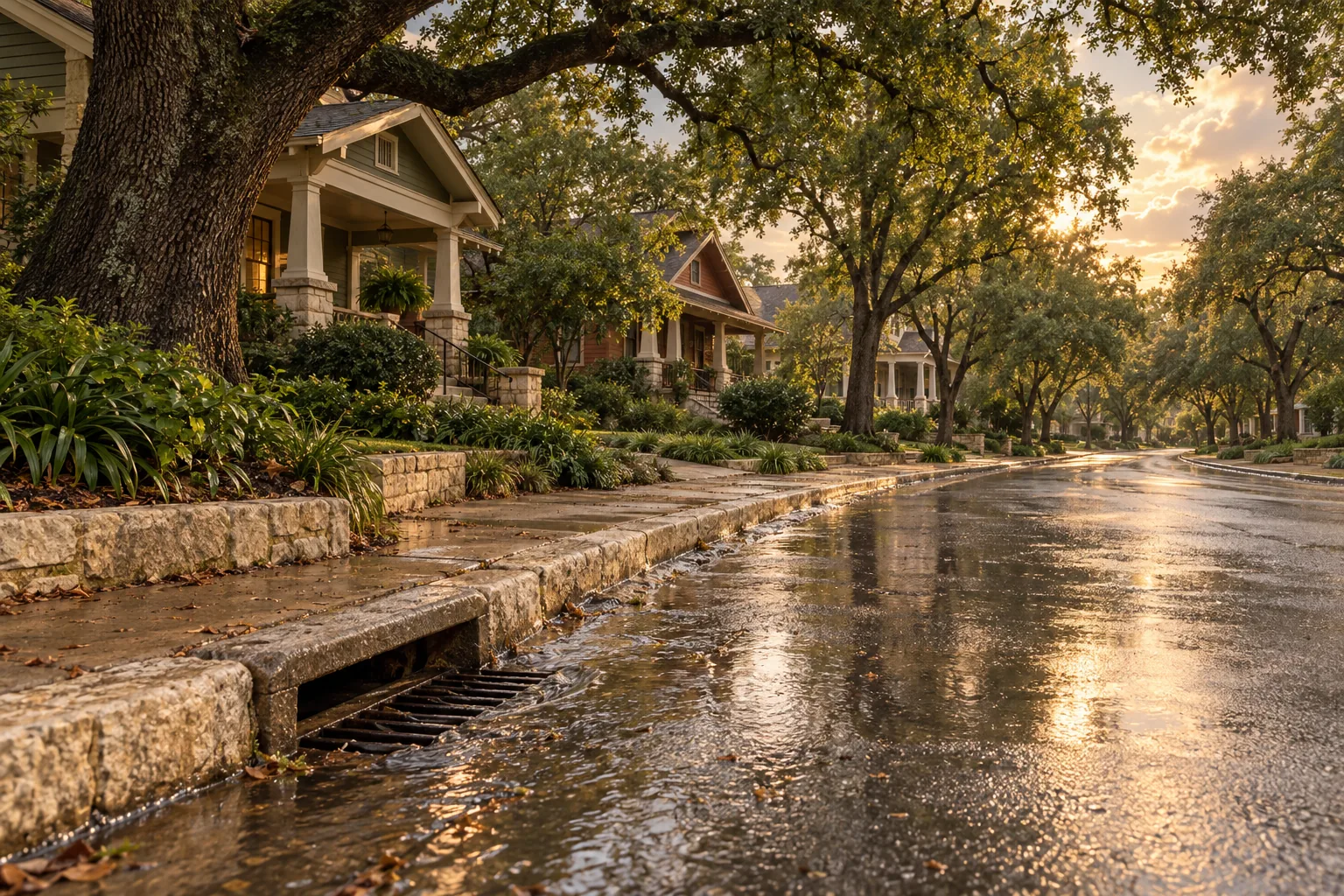 A quiet Austin street of Craftsman bungalows under live oaks after a storm, rainwater running along a limestone curb toward a storm drain inlet in warm evening light.