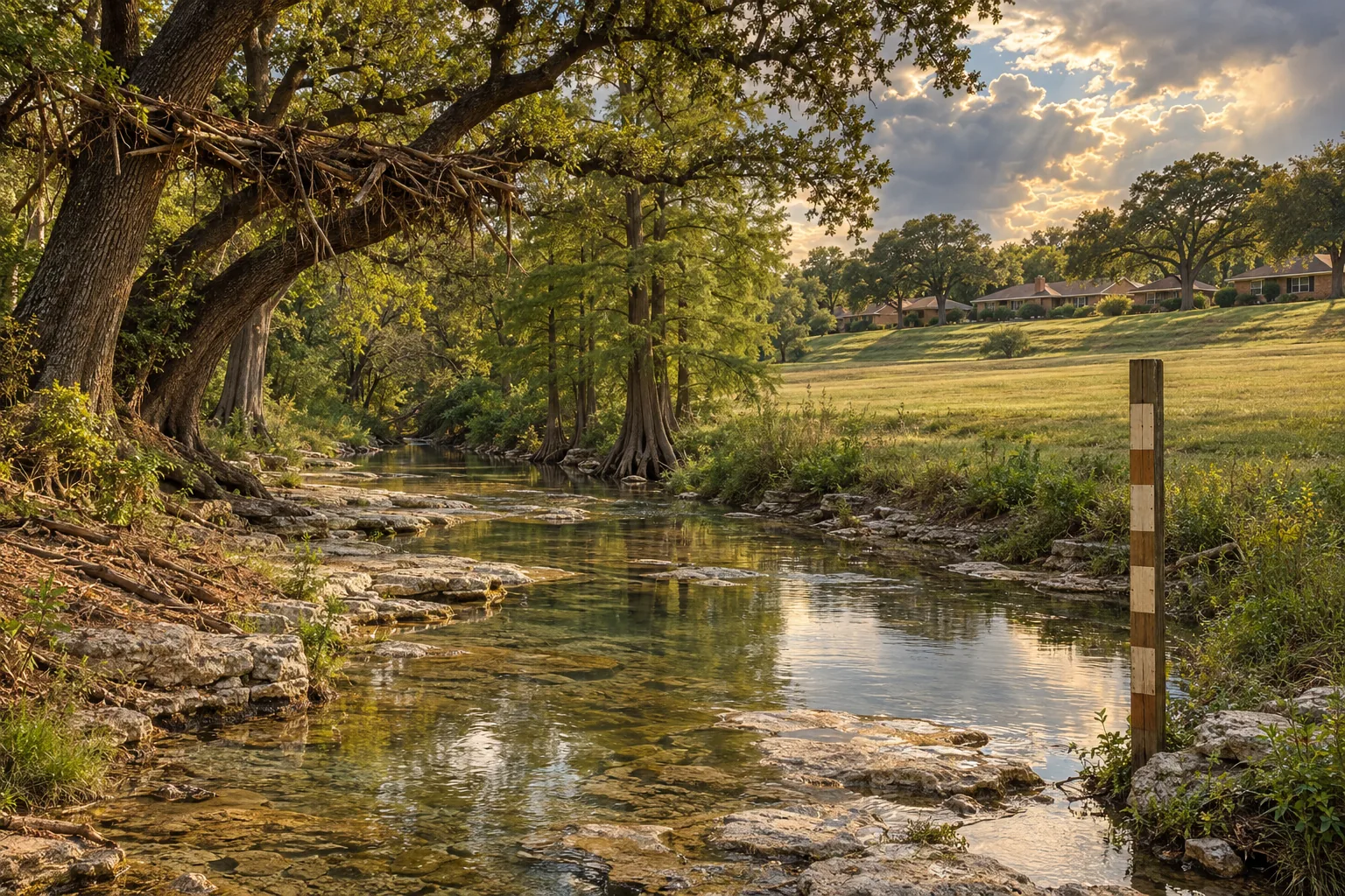 An illustration of a low, clear limestone creek in south Austin with bald cypress and live oaks, a wooden flood-gauge post with unmarked bands at the water's edge, a debris line high in an oak limb, and a row of modest brick ranch houses on higher ground beyond a wide green meadow.