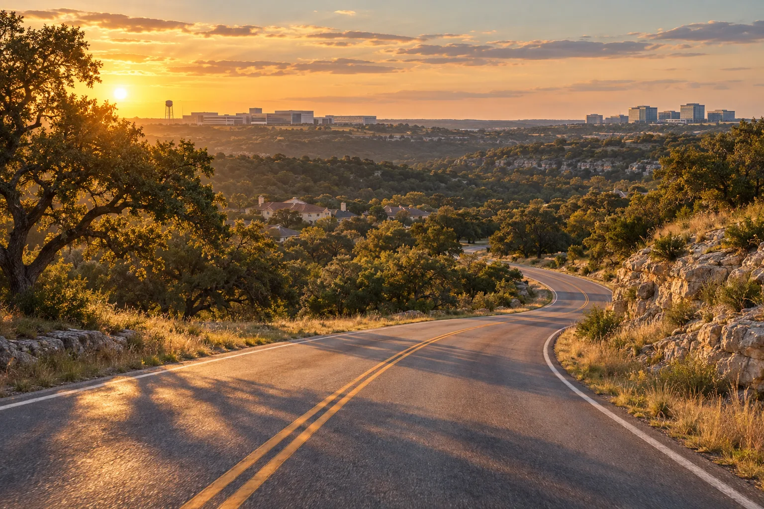 A two-lane Central Texas road curving through limestone hills and live oaks at golden hour, with a low industrial campus on the left horizon and distant glass office buildings on the right.