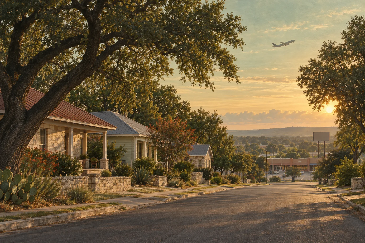 A quiet Central Texas residential street of single-story houses with metal roofs under live oaks at dawn, a grocery plaza down the road, and one airliner climbing far away in a pale gold sky.