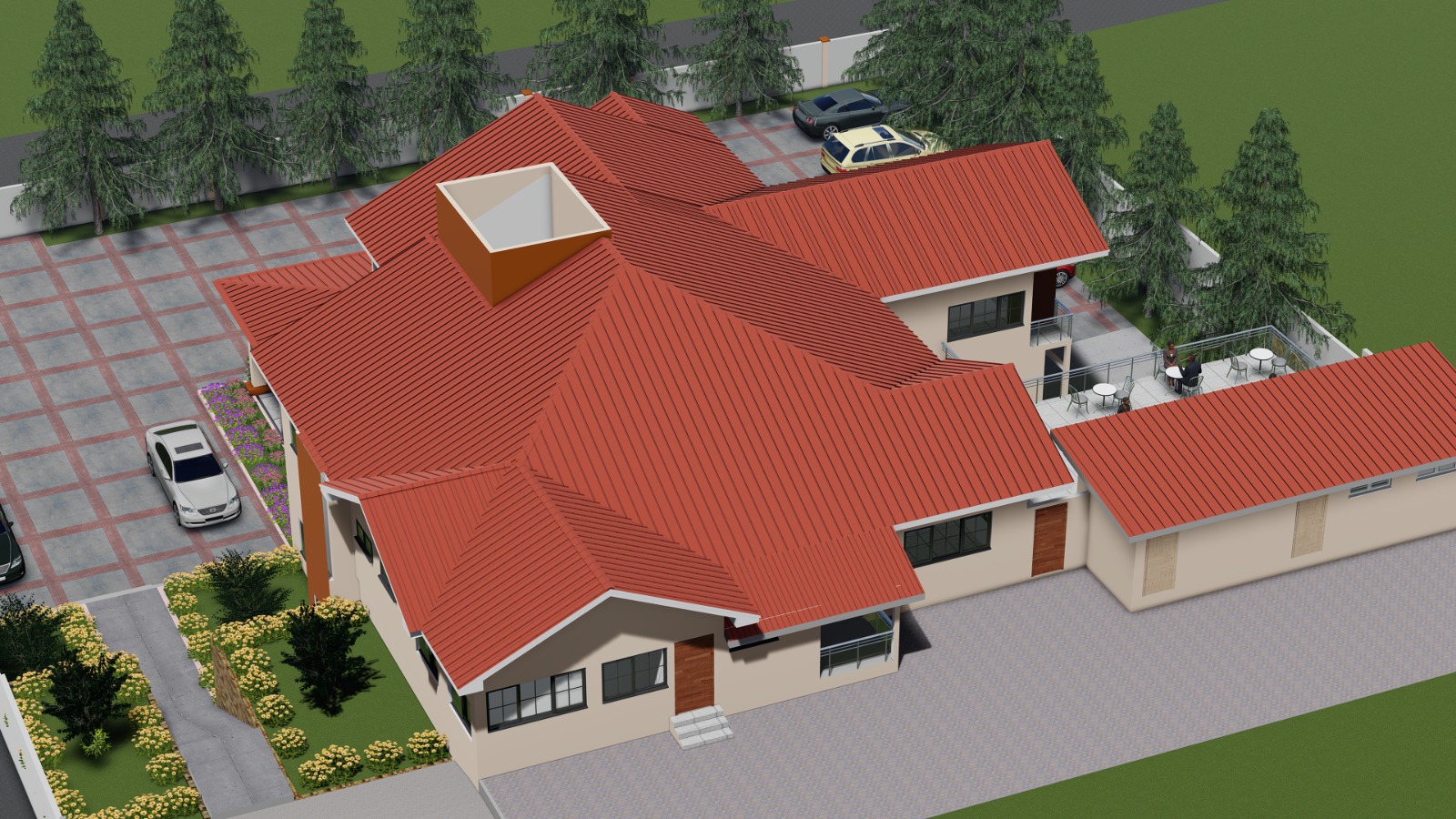 bungalow with flat roof and light colored stucco exterior project Q-heights constult
