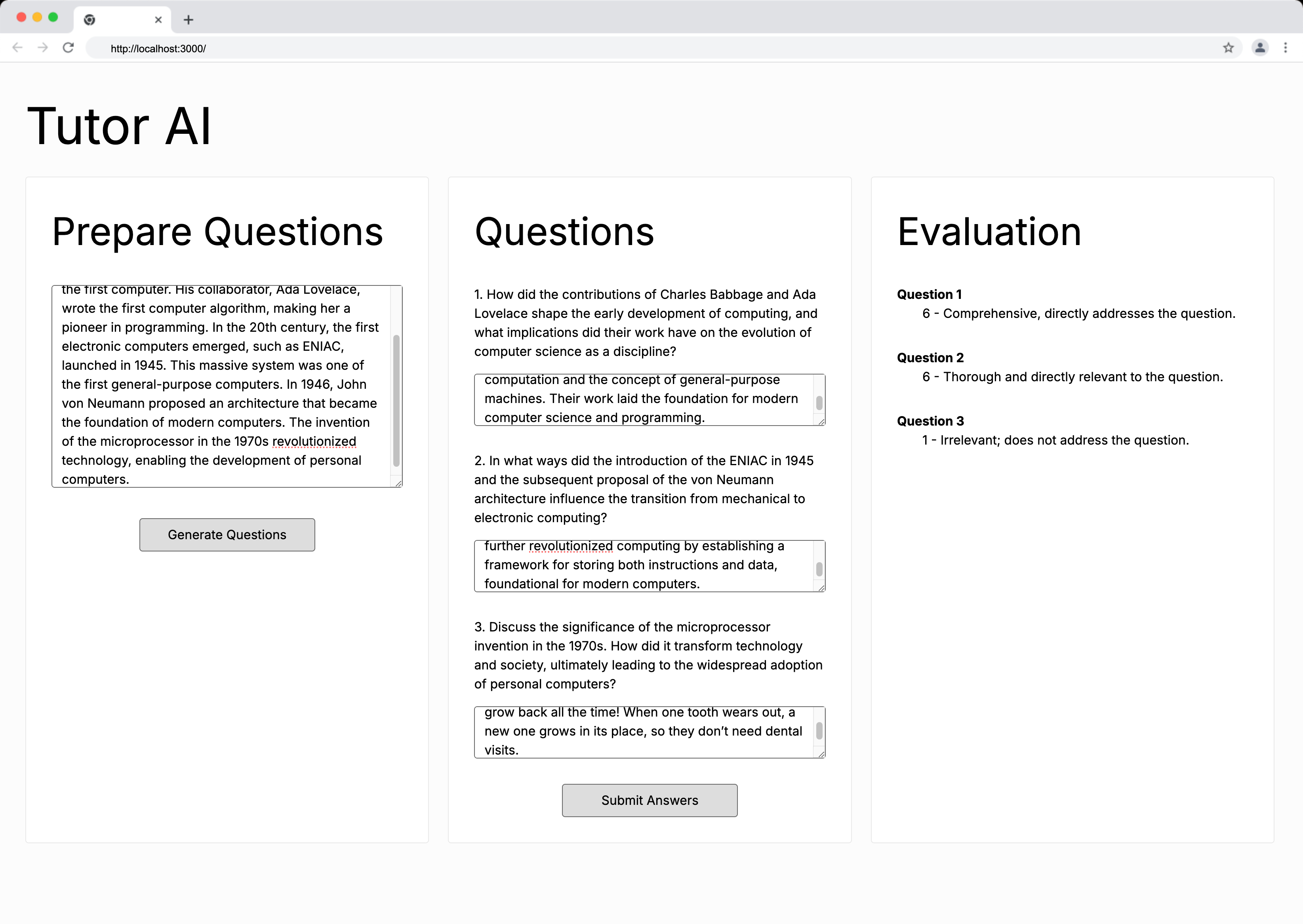 Screenshot with TutorAI demo application