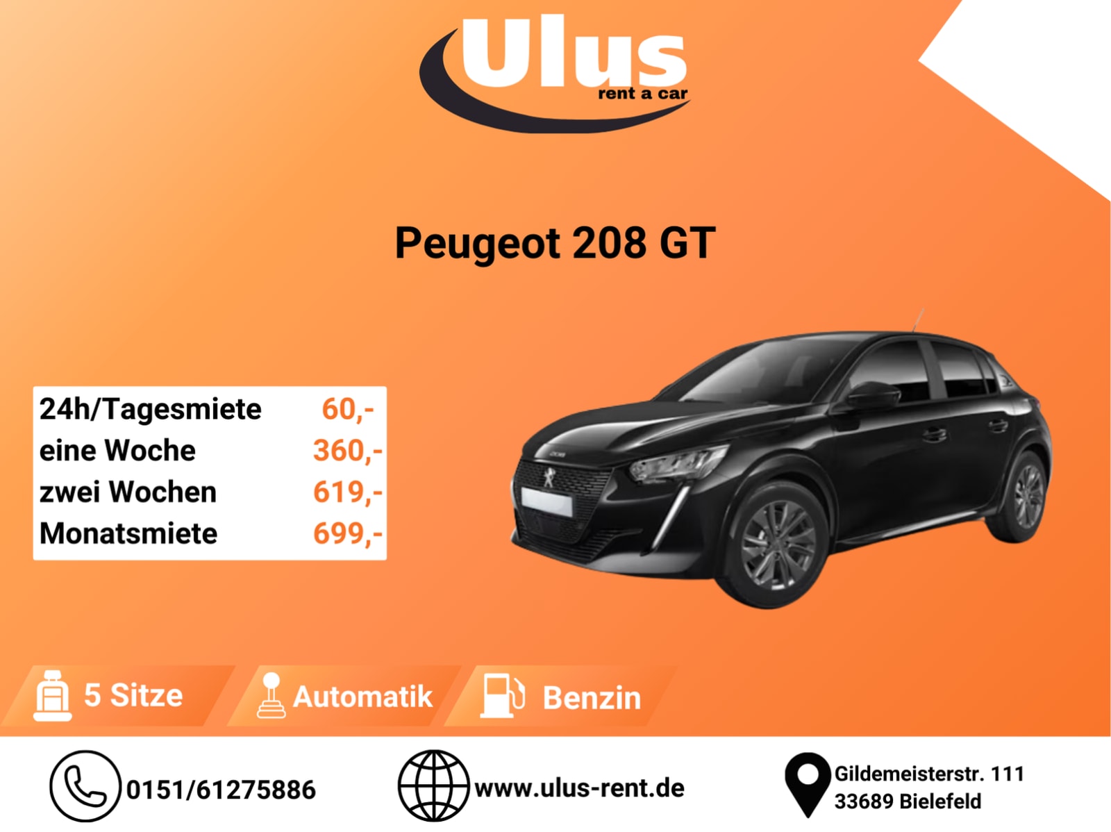 Peugeot 208 GT Automatik mieten, Mietwagen, Autovermietung, Auto mieten, Langzeitmiete, Monatsmiete