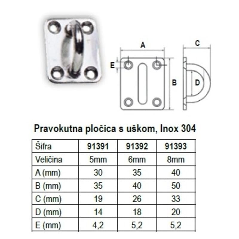 Pravokutna pločica s uškom, Inox 304 Aneli, uške, prstenovi i vijci