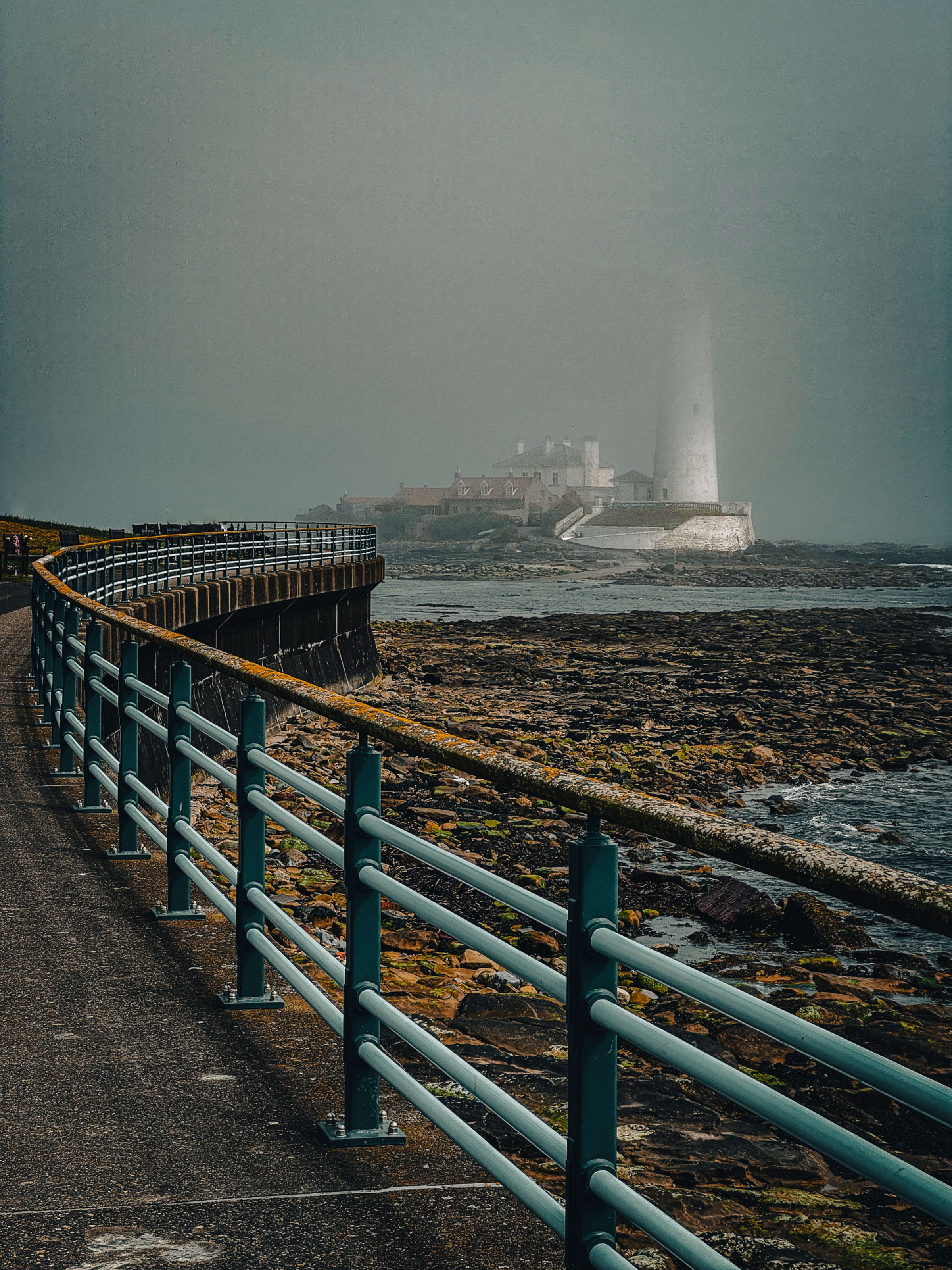 St Mary's lighthouse hiding in the mist