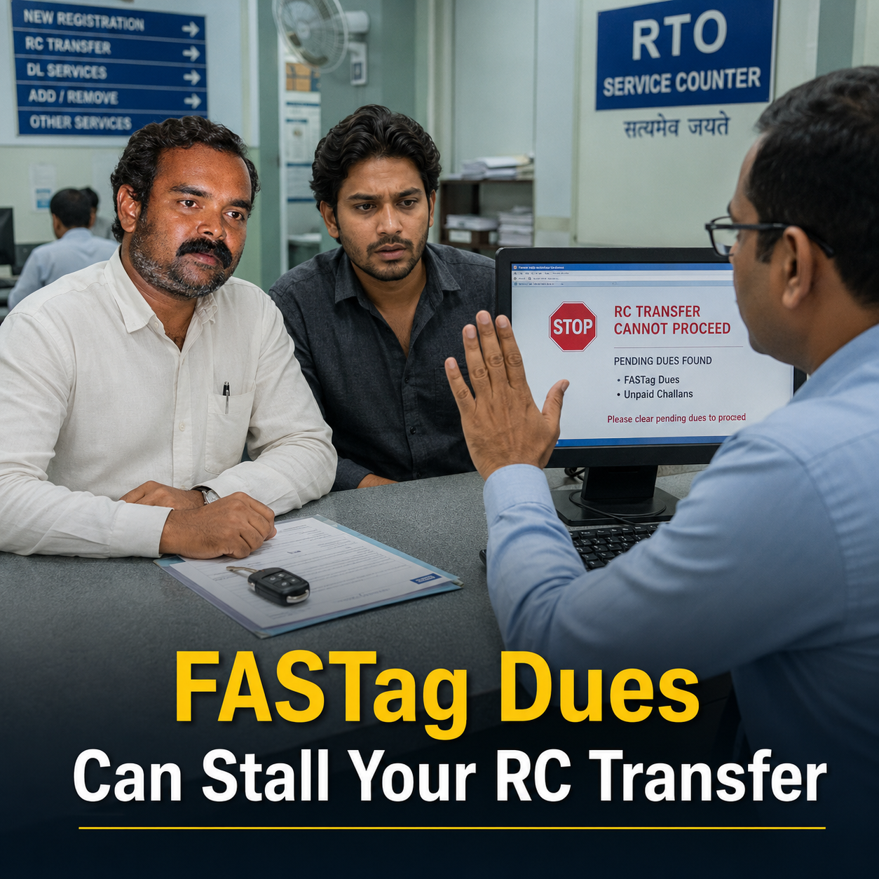 Unpaid FASTag dues and e-challans can hold up Form 28 and stall an RC transfer — check the car's official challan record before paying a token