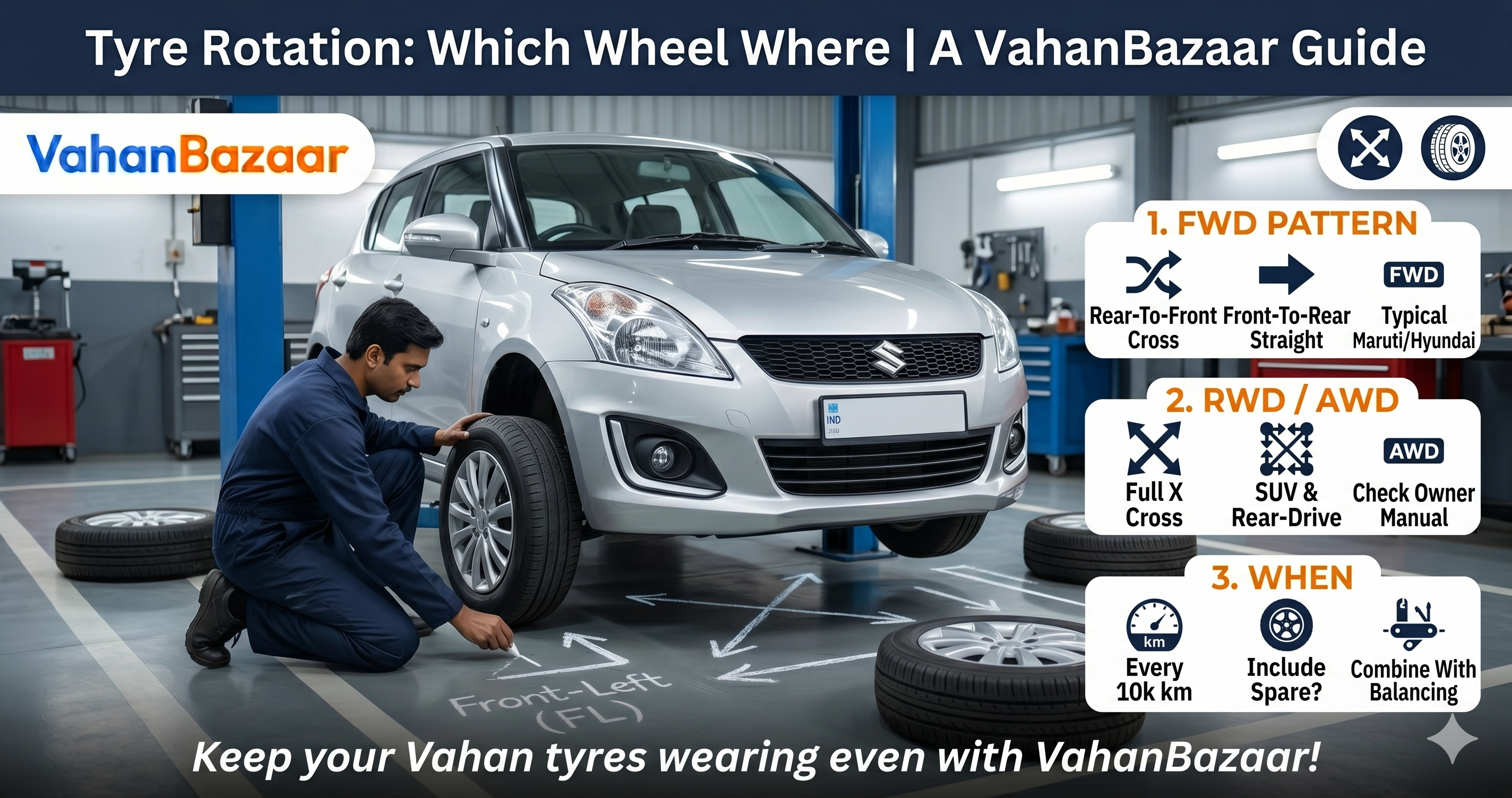 Tyre Rotation Pattern India 2026 — FWD RWD AWD Patterns | VahanBazaar