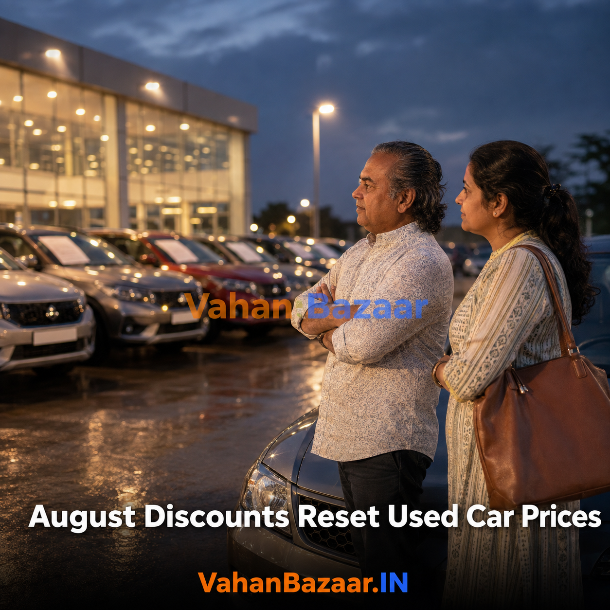 An Indian car dealership forecourt in August with discount offer boards beside a row of new cars, and a used car owner comparing prices on a phone