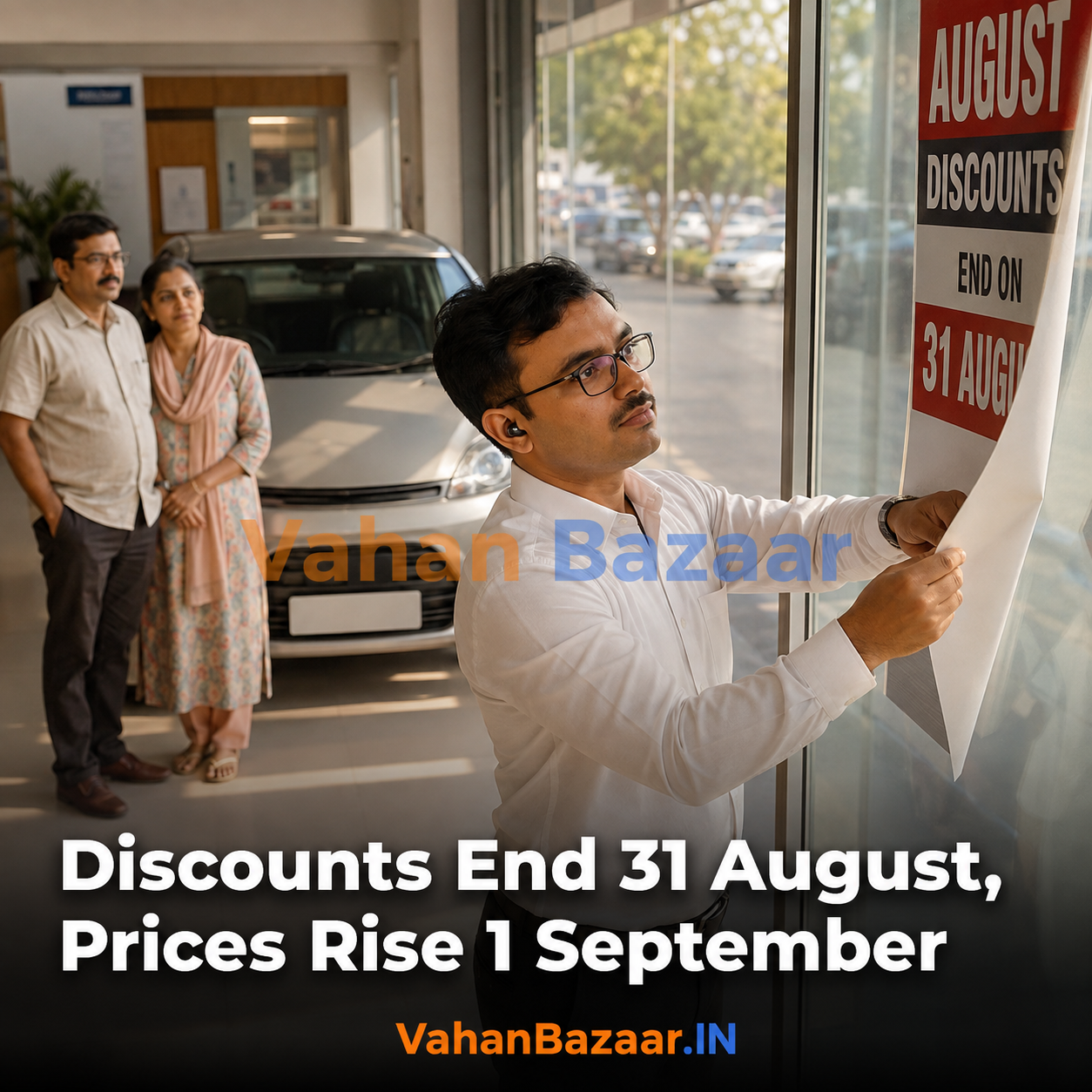 An Indian car dealership at month end with a salesperson removing an offer board from a showroom window while a customer waits beside a new SUV