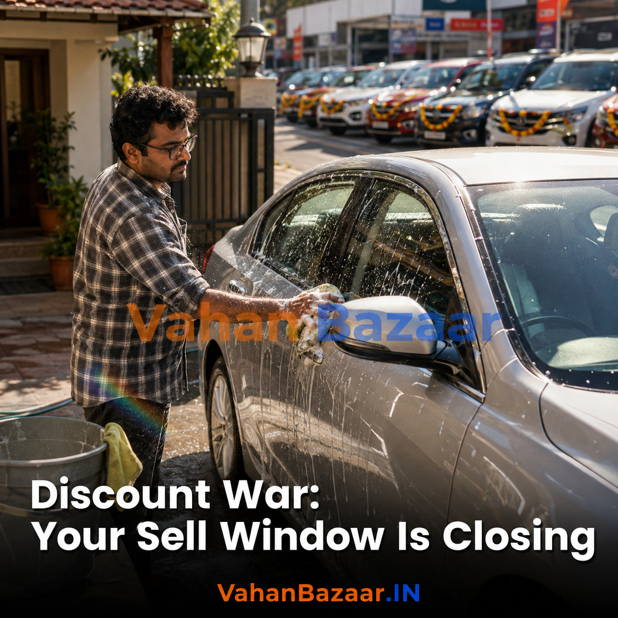 An Indian dealership forecourt during the August festive season with offer boards and a private seller photographing a used car for a listing