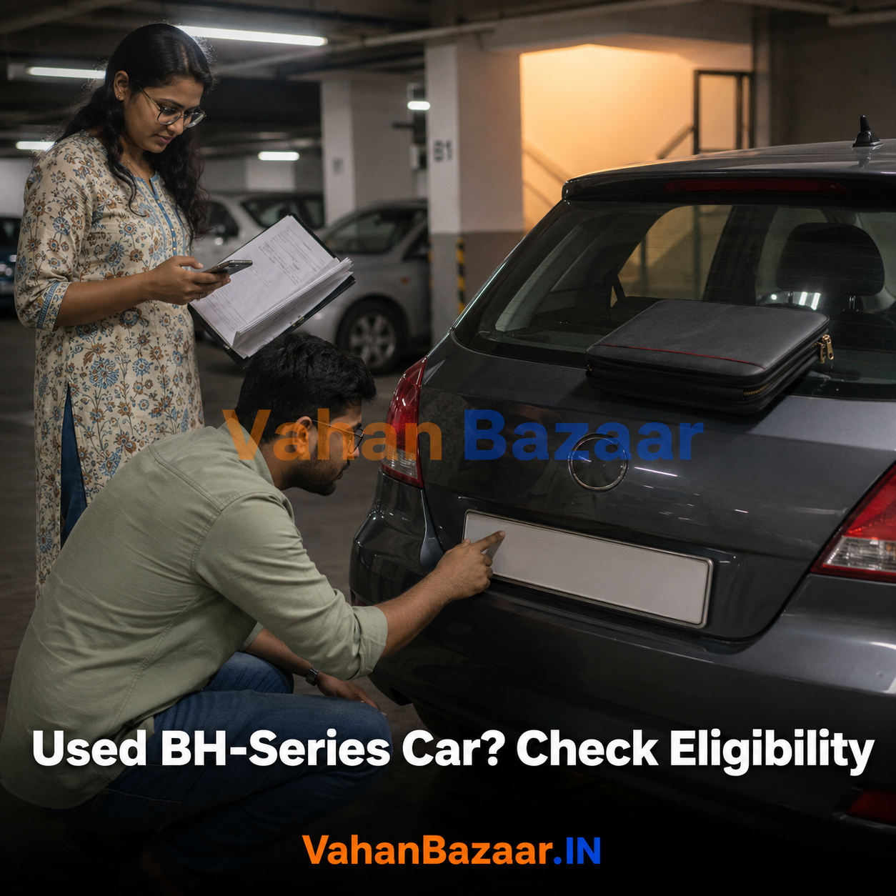 An Indian couple examining the rear number plate and registration papers of a used car in a residential parking area while a laptop shows a vehicle record