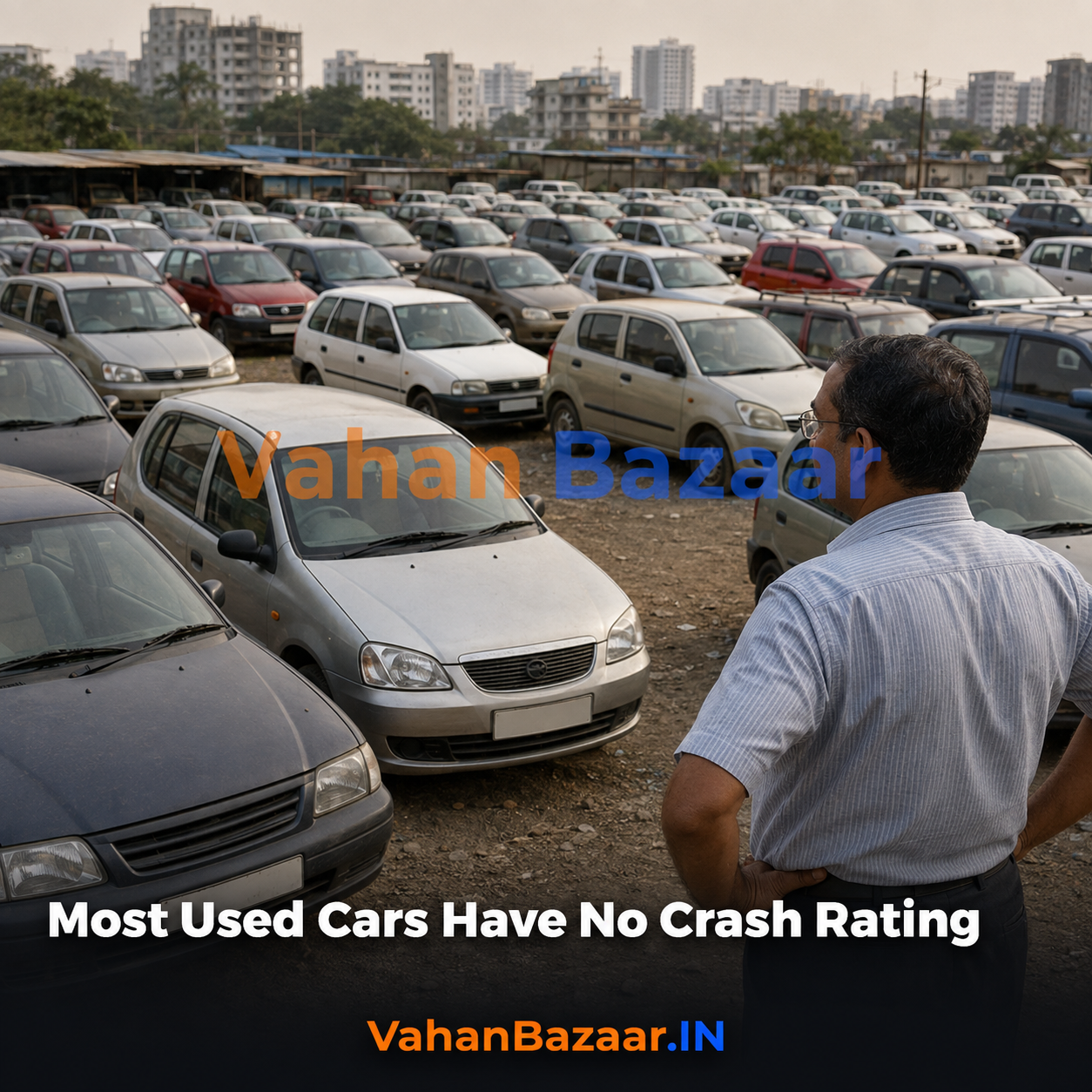 An Indian used-car buyer inspecting a hatchback and checking its variant details against the registration record