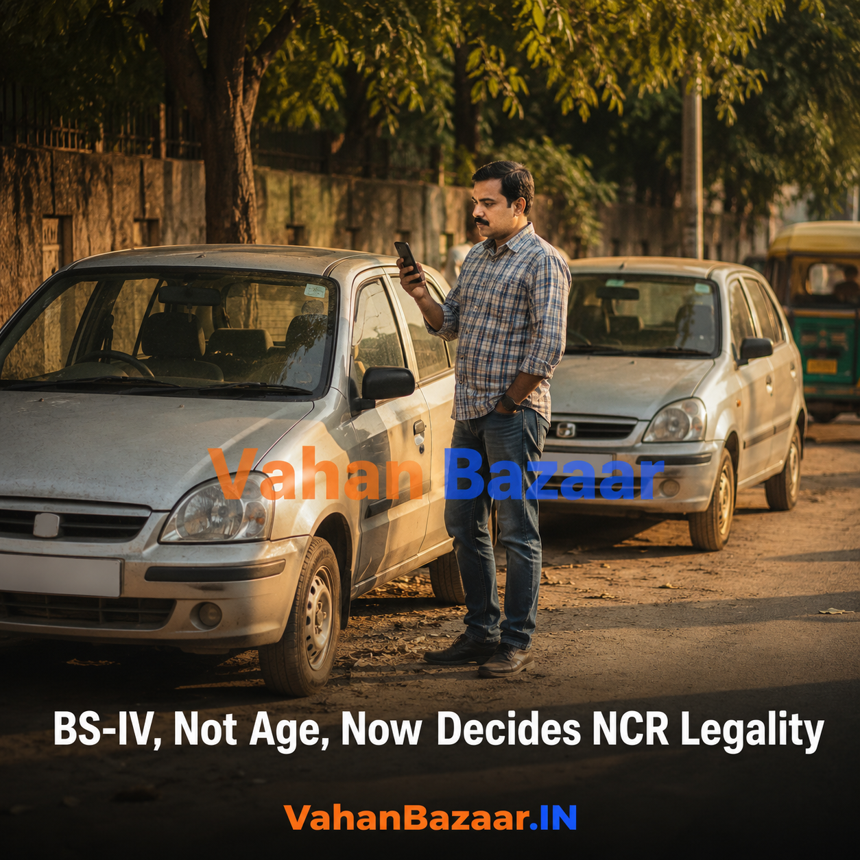 An Indian buyer checking a vehicle registration record on a phone beside an older hatchback parked on a Delhi street