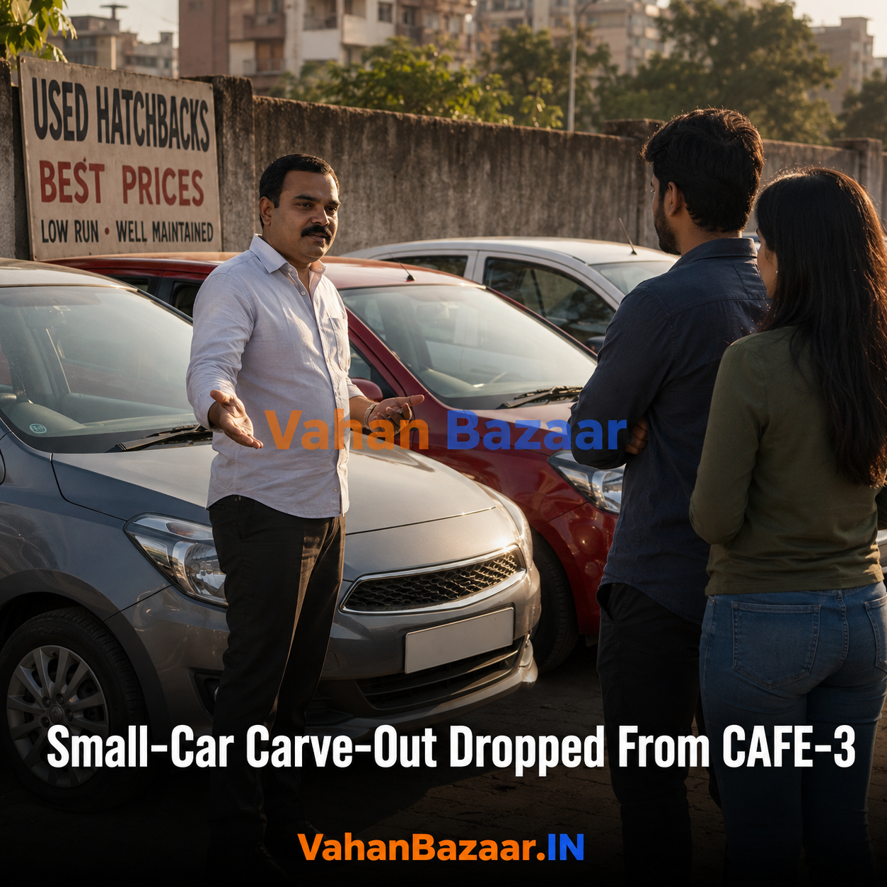 VahanBazaar explainer on the dropped small-car concession in the CAFE-3 draft norms and the revised curve constants taking effect from April 2027