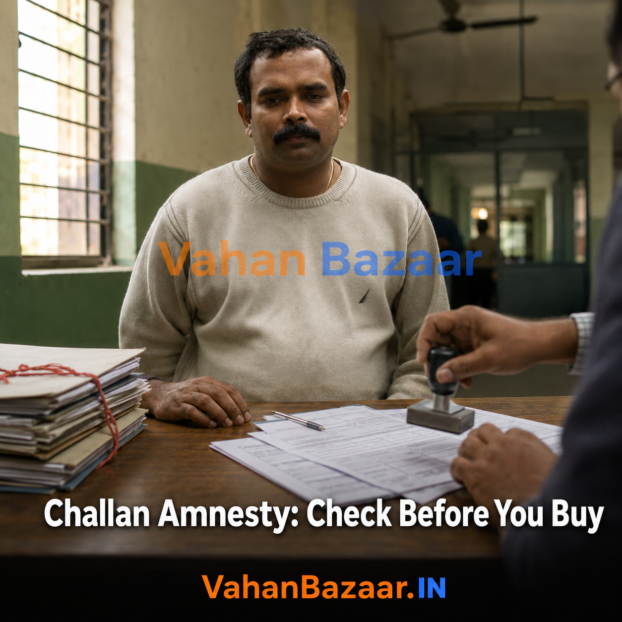 An Indian used car buyer reviewing a vehicle's pending traffic challan record on a phone while inspecting a hatchback