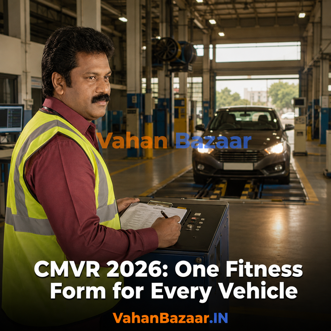 VahanBazaar explainer on the Central Motor Vehicles Sixth Amendment Rules 2026, showing the consolidation of fitness forms and what it means for used vehicle buyers in India