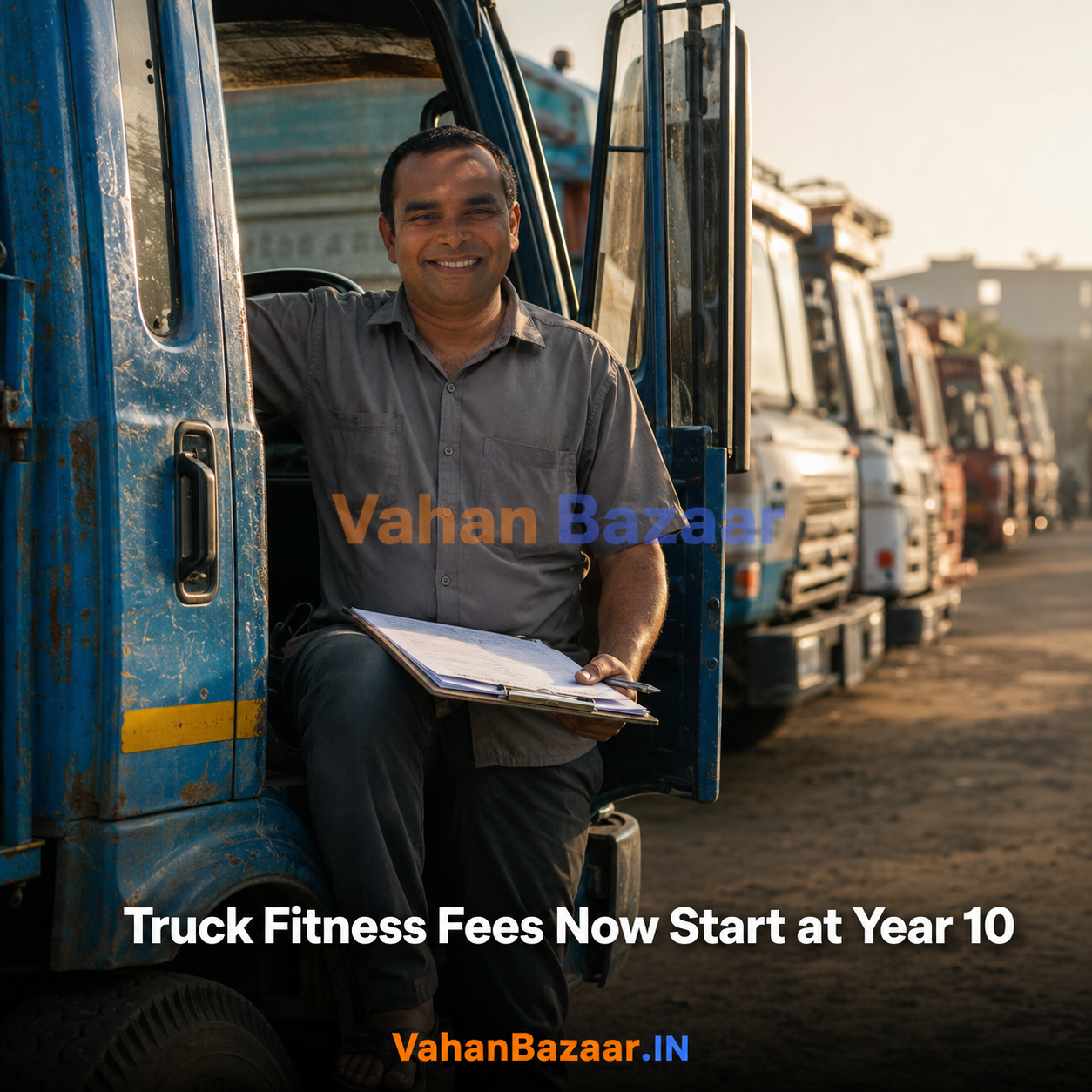 VahanBazaar explainer on India's restructured commercial vehicle fitness test fee bands starting at ten years, and what the annual renewal cost means for used truck and pickup buyers and sellers