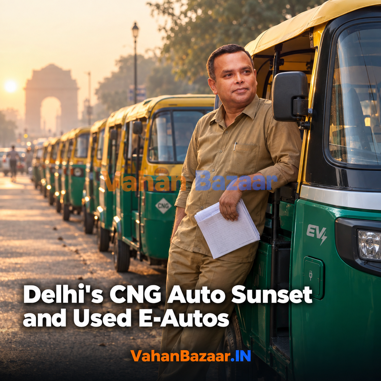 VahanBazaar explainer on Delhi's shift to electric three-wheeler registrations from January 2027 and the record checks a used e-auto or used CNG auto buyer should run before paying