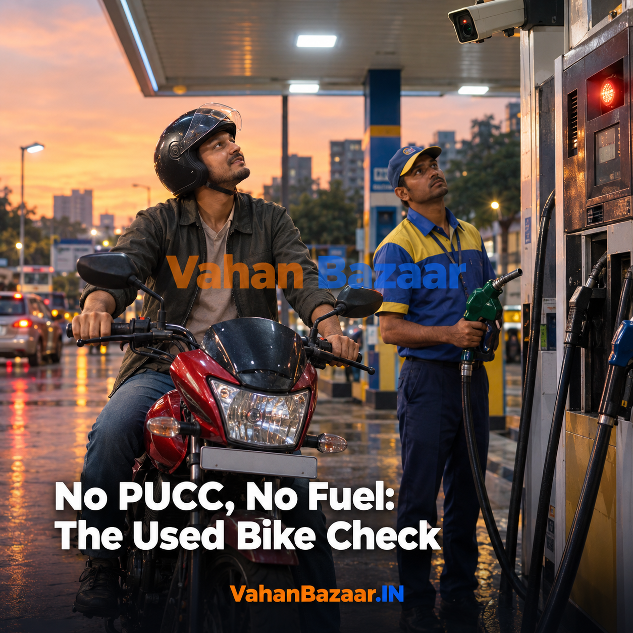 VahanBazaar explainer on Delhi-NCR's No PUCC No Fuel rule, showing a number plate camera at a petrol pump checking a two-wheeler's PUC validity against the national vehicle database, and the used bike checks a buyer should run before paying