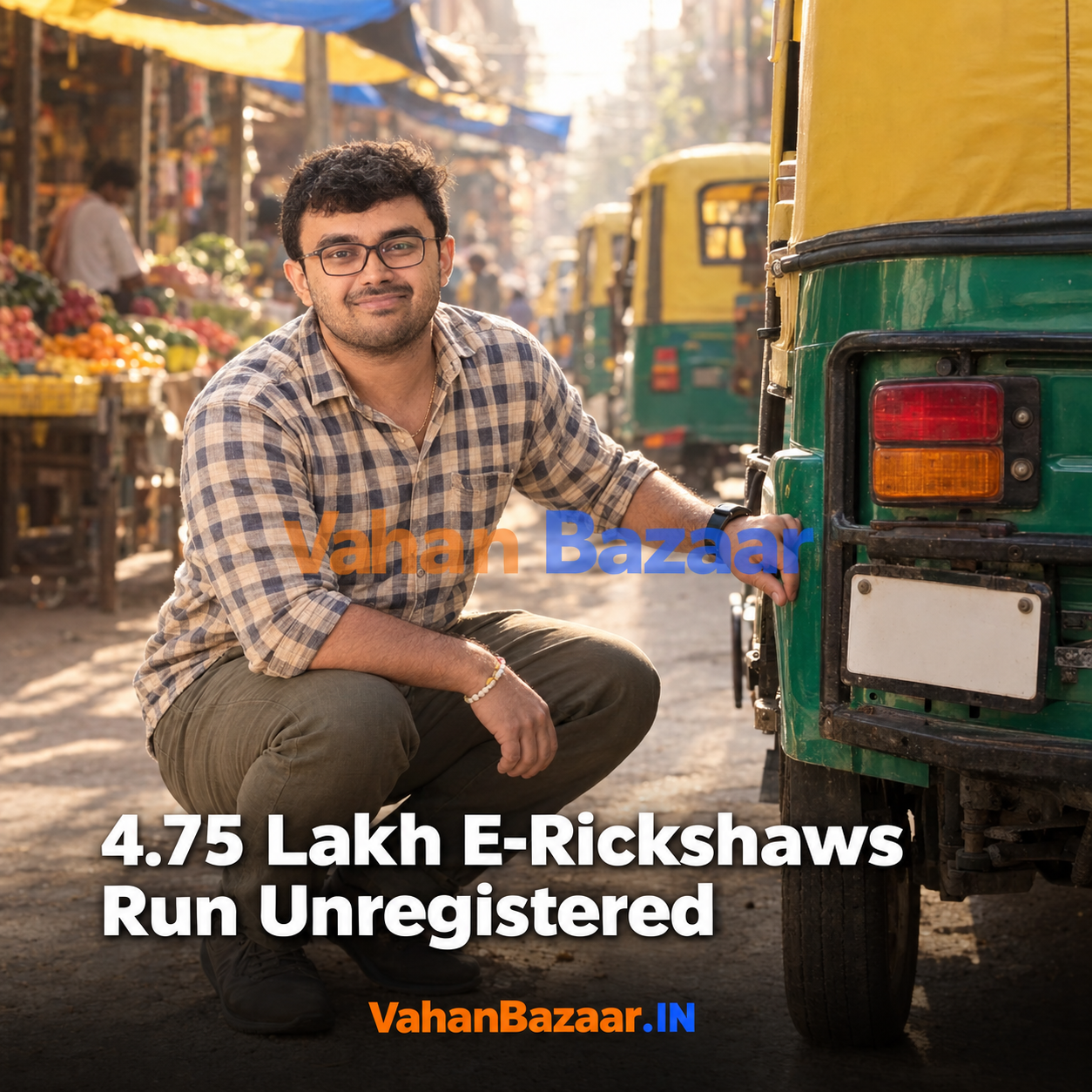 VahanBazaar explainer on India's estimated 4.75 lakh unregistered e-rickshaws in 2026 and why a used e-rickshaw buyer must confirm the registration number exists in the VAHAN record before paying